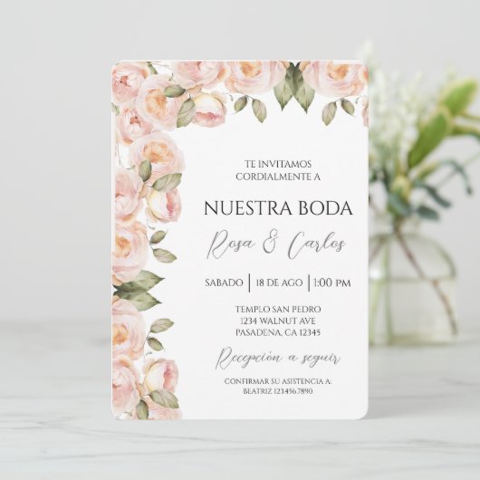 Perzik gekleurd Roos Spaans bruiloft uitnodiging (Staand voorkant)