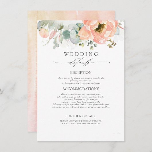 Perzik gekleurde bloemen bruiloft informatie informatiekaartje (Voorkant / Achterkant)