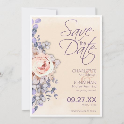 Perzik gekleurde bloemenbruiloft Save the Date Kaa (Voorkant)