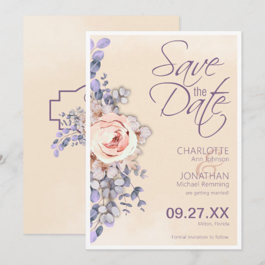 Perzik gekleurde bloemenbruiloft Save the Date Kaa (Voorkant / Achterkant)