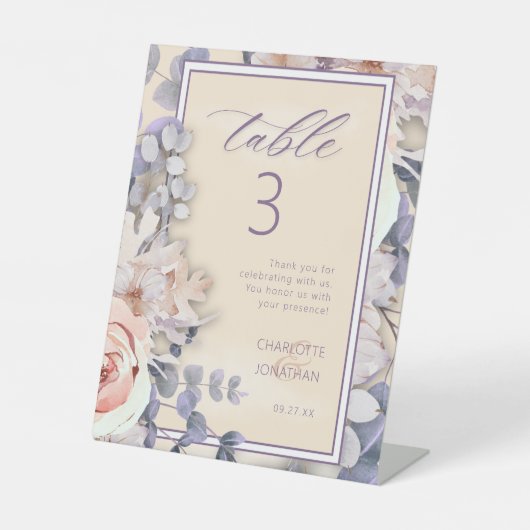 Perzik gekleurde bloemenbruiloft tafel nummer reclamebord met voetstuk (Voorkant)