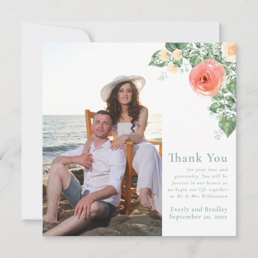 Perzik Gele Waterverf Bloemen Dank u kaart (Voorkant)