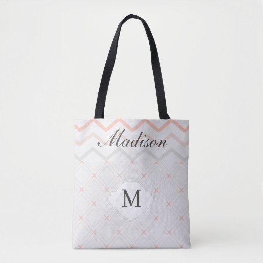 Perzik Geometrische Bruidsmeisje Trendy Monogram Tote Bag (Voorkant)