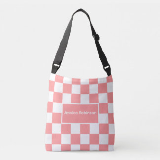 Perzik geruit met naam crossbody tas