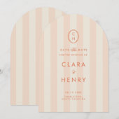 Perzik gestreepte monogram save the date kaart (Voorkant / Achterkant)