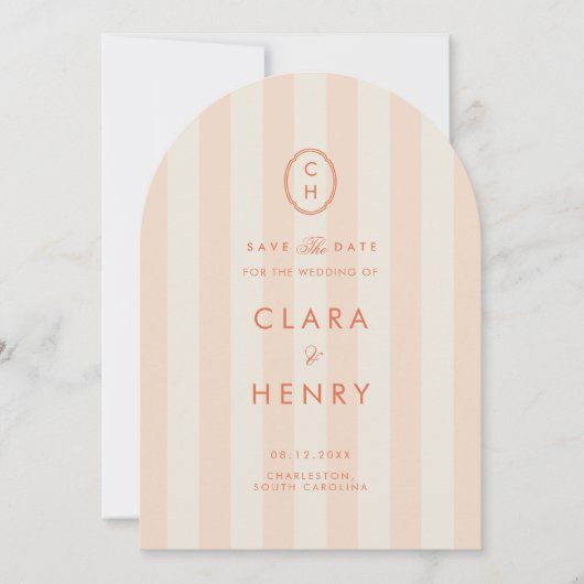Perzik gestreepte monogram save the date kaart (Voorkant)