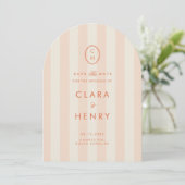 Perzik gestreepte monogram save the date kaart (Staand voorkant)