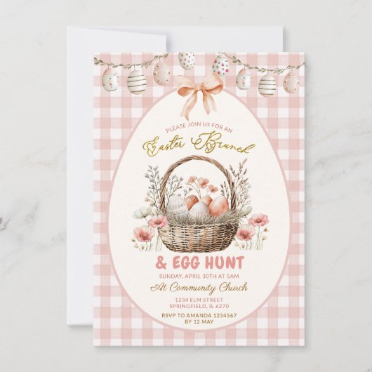 Perzik Gingham Bloemige Paasbrunch en Eiersoeken Kaart (Voorkant)