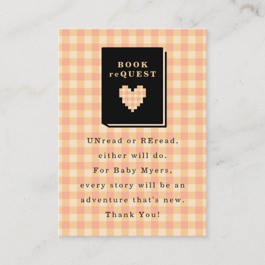 Perzik Gingham Hart Boek Verzoek Informatiekaartje (Voorkant)