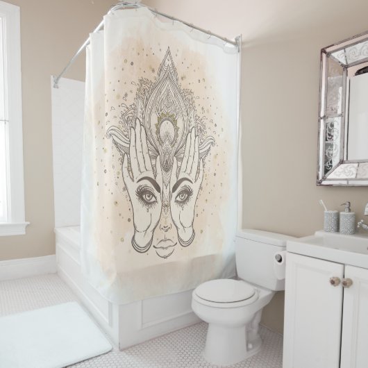 Perzik & Goud Boho Lotus Bloem Schoonheid Douchegordijn (In situ)
