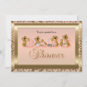 Perzik & Goud Damast met Teddys | Baby Borrel Kaart (Voorkant)