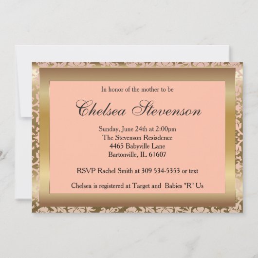 Perzik & Goud Damast met Teddys | Baby Borrel Kaart (Achterkant)