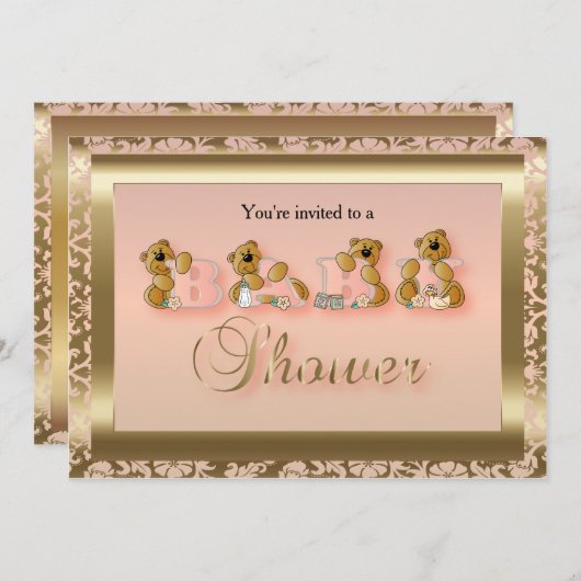 Perzik & Goud Damast met Teddys | Baby Borrel Kaart (Voorkant / Achterkant)