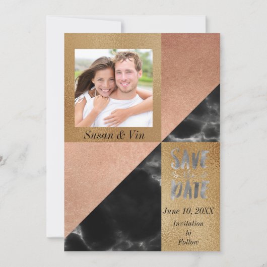 Perzik Goud en Zwarte Marmer Geometrisch Save The Date (Voorkant)