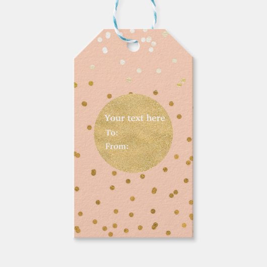 Perzik & Goud Glanzende Confetti Stippen Chic Mode Cadeaulabel (Voorkant)