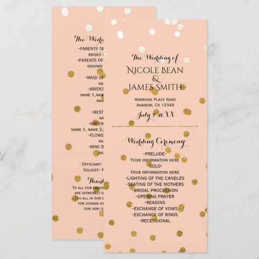 Perzik & Goud Glanzende Nep Folie Confetti Program Programmakaart (Voorkant / Achterkant)