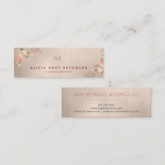 Perzik Goud Monogram Elegante Bloemen Bruiloft Pla Mini Visitekaartje (Voorkant / Achterkant)