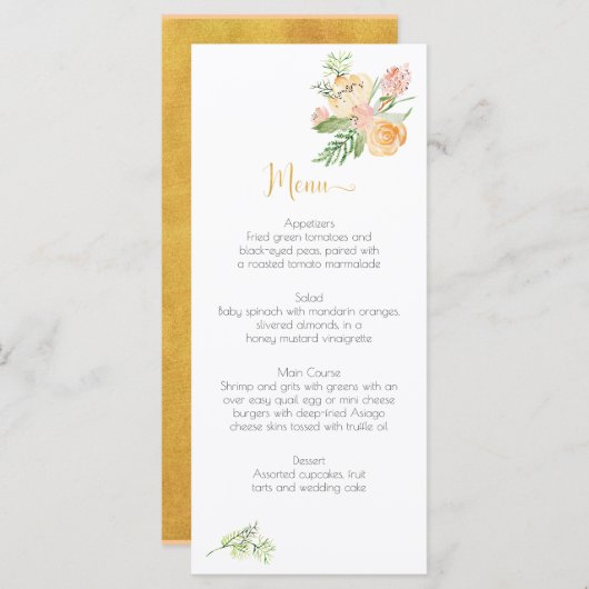 Perzik Goud Roze Groen Bloemen Menu Kaarten (Voorkant / Achterkant)