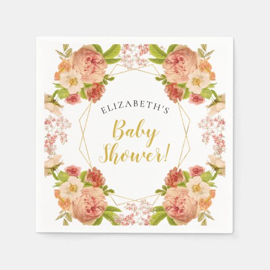Perzik Goud Waterverf Bloemen Baby Shower Servet (Voorkant)