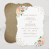 Perzik Gouden Bloem Confetti Trouw Save The Date (Voorkant / Achterkant)