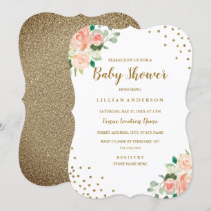 Perzik Gouden Bloemconfetti Baby Shower Uitnodigin Kaart