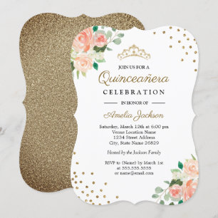 Perzik Gouden Bloemconfetti Quinceanera Uitnodigin Kaart