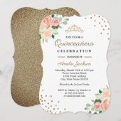 Perzik Gouden Bloemen Confetti Quinceanera Invitat Kaart (Voorkant / Achterkant)