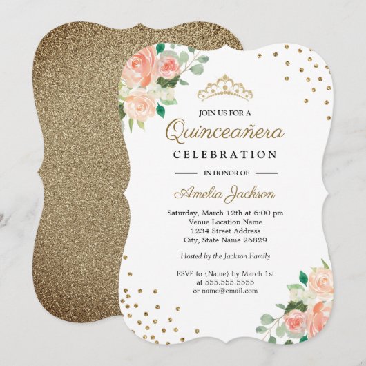 Perzik Gouden Bloemen Confetti Quinceanera Invitat Kaart (Voorkant / Achterkant)