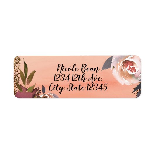 Perzik & Gouden Glitter Bloem Moderne Chic Uitnodi Etiket (Voorkant)
