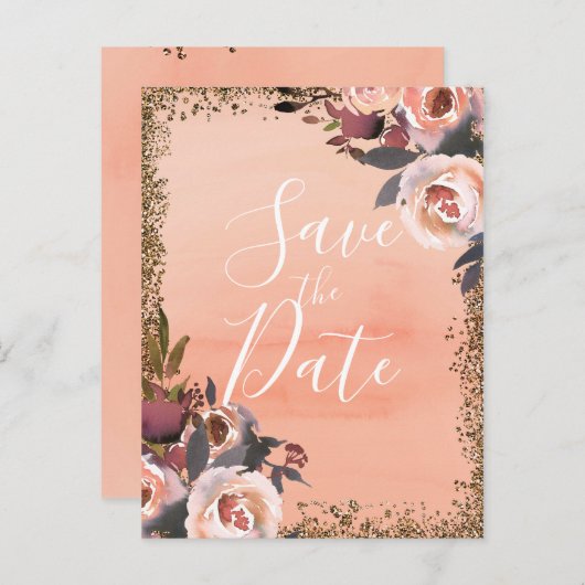 Perzik & Gouden Glitter Bloem Moderne Datum Beware Aankondigingskaart (Voorkant / Achterkant)