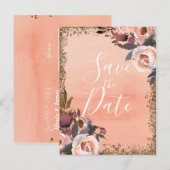 Perzik & Gouden Glitter Bloem Moderne 'Save the Da Aankondigingskaart (Voorkant / Achterkant)