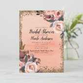 Perzik & Gouden Glitter Bloemige Moderne Bruidsdou Kaart (Staand voorkant)
