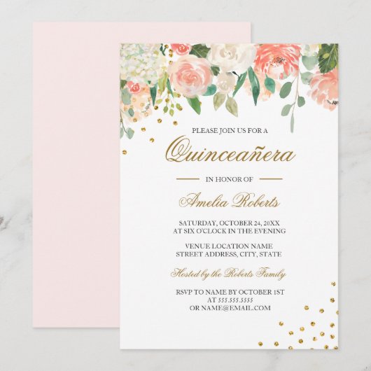 Perzik Gouden Waterverf Bloemen Quinceanera Kaart (Voorkant / Achterkant)
