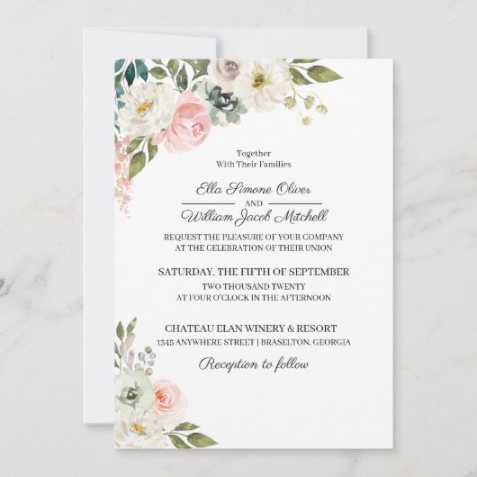 Perzik & Groen Bloemen Bruiloft Uitnodiging (Voorkant)