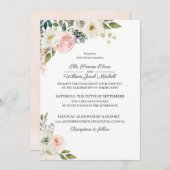 Perzik & Groen Bloemen Bruiloft Uitnodiging (Voorkant / Achterkant)