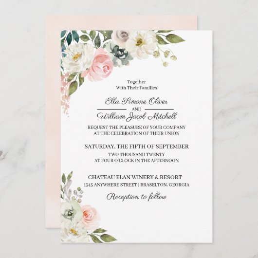 Perzik & Groen Bloemen Bruiloft Uitnodiging (Voorkant / Achterkant)