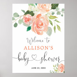 Perzik groen bloemendesign babyshower welkomstbord poster