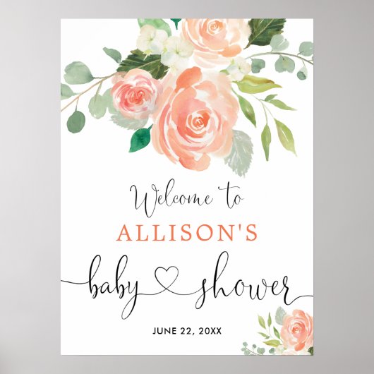 Perzik groen bloemendesign babyshower welkomstbord poster (Voorkant)