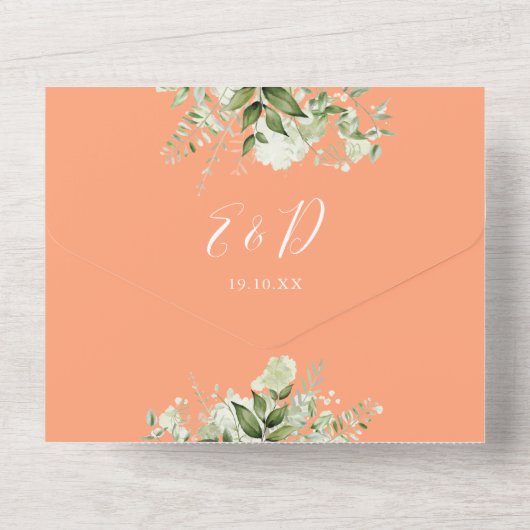 Perzik groen bloemenQR code monogram bruiloft All In One Uitnodiging (Achterkant)