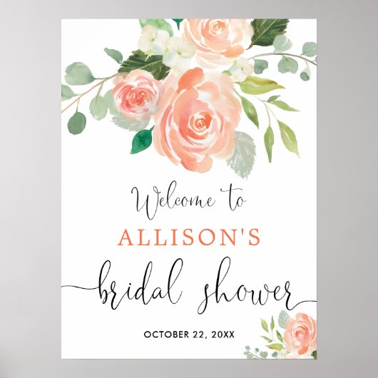 Perzik groen bloemstuk bruiloft feest welkom bord poster (Voorkant)