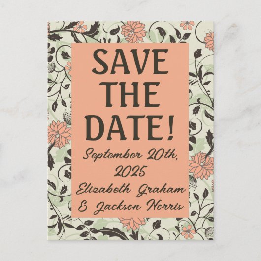 Perzik, Groen, Bruin Chintz Save the Date Briefkaa Briefkaart (Voorkant)