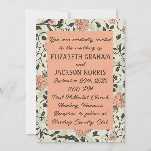 Perzik, Groen, en Bruin Chintz Huwelijk Kaart (Voorkant)