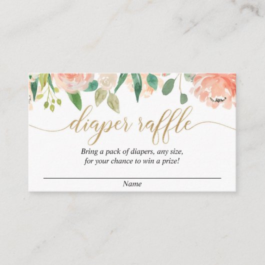 Perzik groen gouden baby shower luier loterij kaar informatiekaartje (Voorkant)