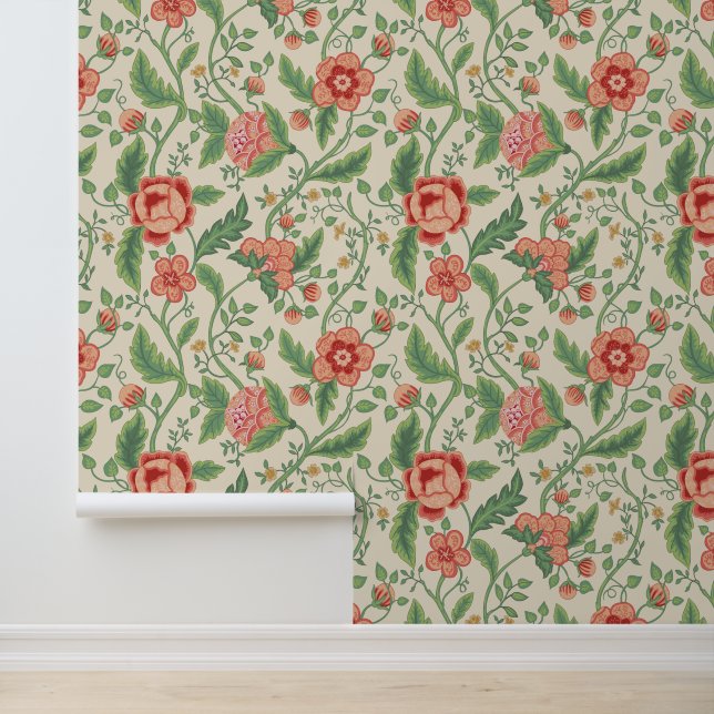 Perzik & Groen Jacobean Bloemen Patroon Behang (Applicatie)