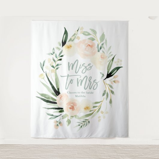 Perzik groene bloemige bruidsdouche Miss to Mrs Wandkleed (Voorkant)