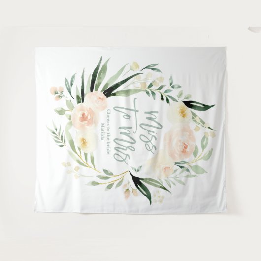 Perzik groene bloemige bruiloftsshower Mevrouw wor Wandkleed (Voorkant (horizontaal))