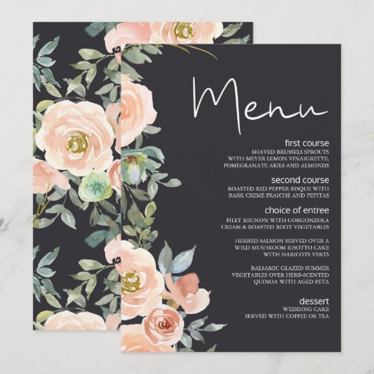 Perzik Groene Marine Pastel Bloemachtig Trouwmenu Menu (Voorkant / Achterkant)