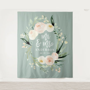Perzik + groene Mr & Mrs waterverf bloem bruiloft Wandkleed