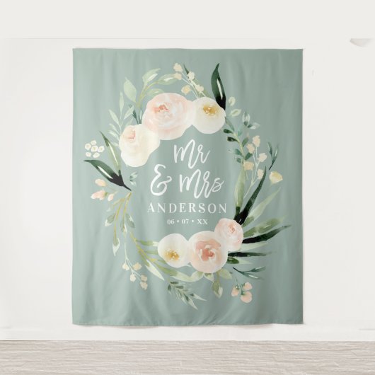Perzik + groene Mr & Mrs waterverf bloem bruiloft Wandkleed (Voorkant)
