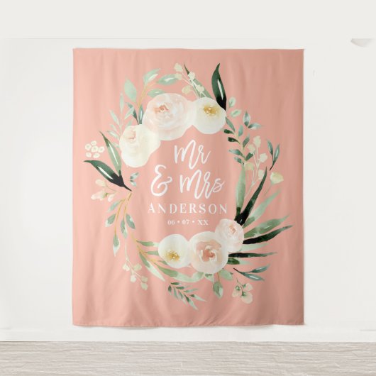 Perzik + groene Mr & Mrs waterverf bloemen bruilof Wandkleed (Voorkant)